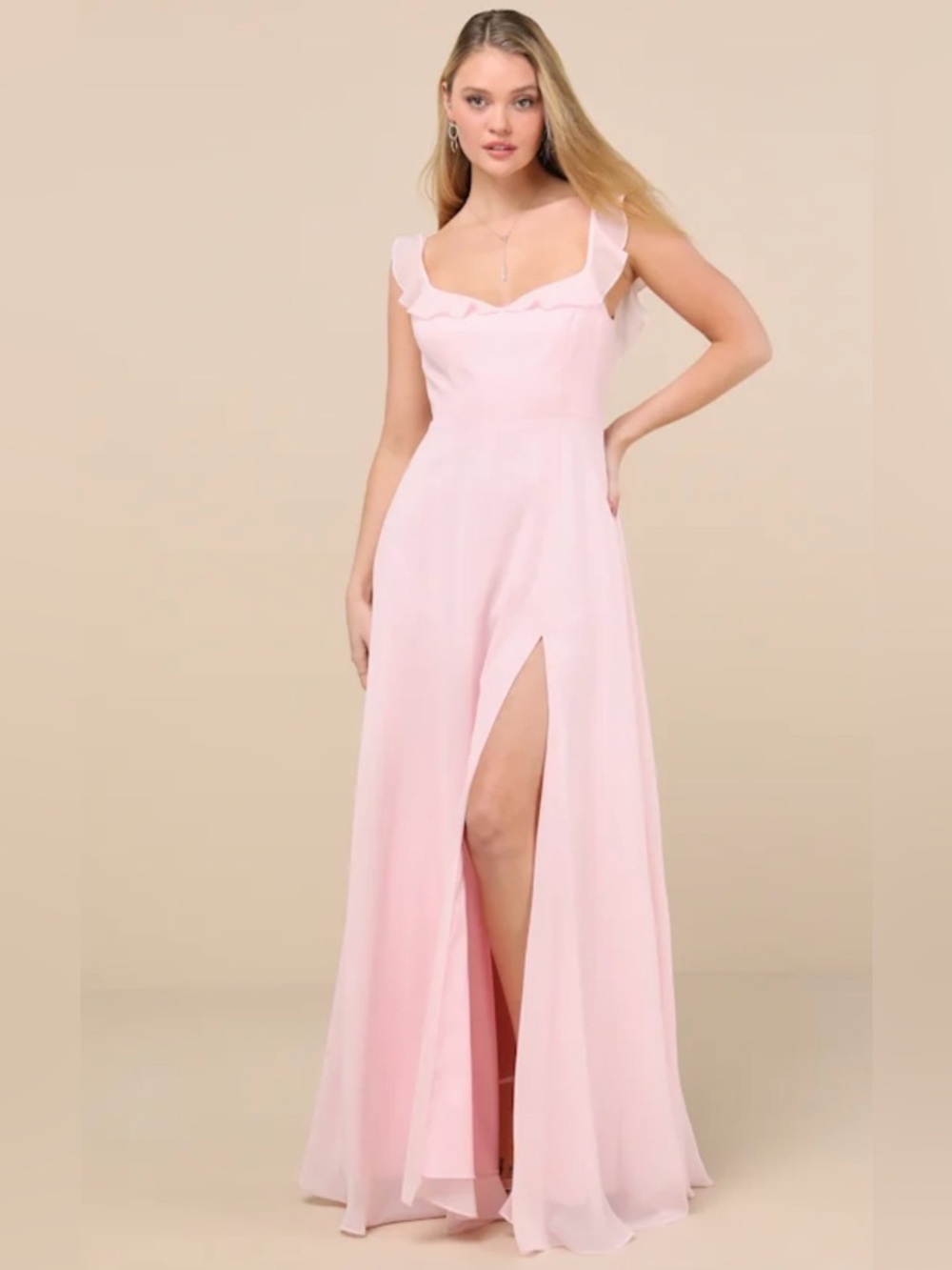 Lulus Dreamy Admiration Light Pink Ruffled Maxi Dress S NWT